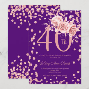 Invitation Rose Gold Floral & Confetti 40e anniversaire viole