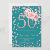 Invitation Rose Gold Floral & Confetti 50e anniversaire Turqu (Devant)