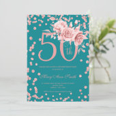 Invitation Rose Gold Floral & Confetti 50e anniversaire Turqu (Debout devant)