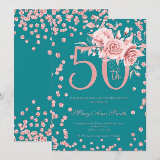 Invitation Rose Gold Floral & Confetti 50e anniversaire Turqu (Devant / Derrière)
