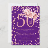 Invitation Rose Gold Floral & Confetti 50e Anniversaire viole (Devant)