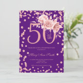 Invitation Rose Gold Floral & Confetti 50e Anniversaire viole (Debout devant)