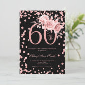 Invitation Rose Gold Floral & Confetti 60e anniversaire Noir (Debout devant)