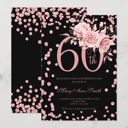 Invitation Rose Gold Floral & Confetti 60e anniversaire Noir (Devant / Derrière)