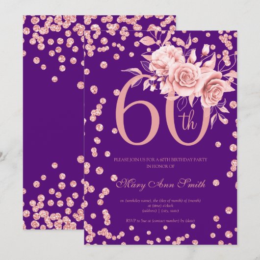 Invitation Rose Gold Floral & Confetti 60e anniversaire viole (Devant / Derrière)