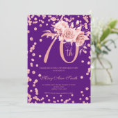 Invitation Rose Gold Floral & Confetti 70e anniversaire viole (Debout devant)