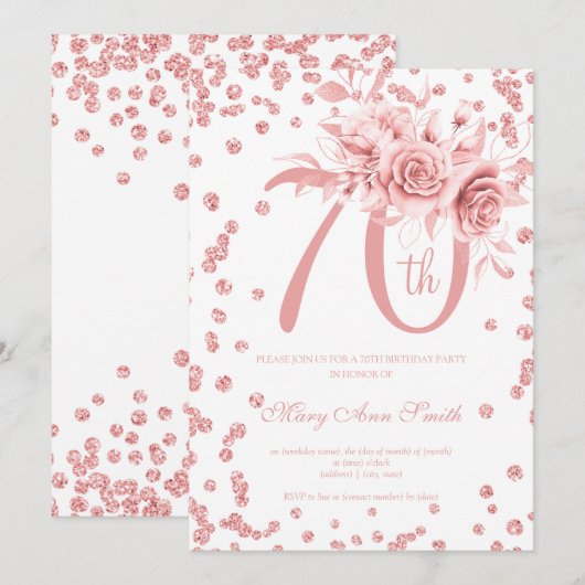 Invitation Rose Gold Floral & Confetti 70e fête d'anniversair (Devant / Derrière)