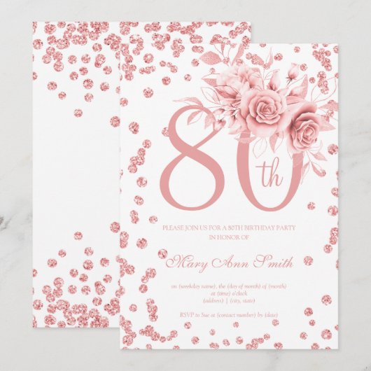 Invitation Rose Gold Floral & Confetti 80e fête d'anniversair (Devant / Derrière)
