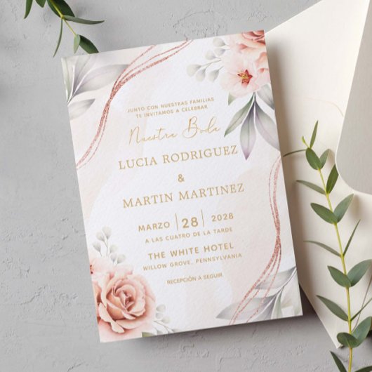 Invitation Rose Gold Floral Elégant Notre Mariage