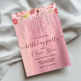 Invitation Rose gold floral élégant paillettes qui coulent po