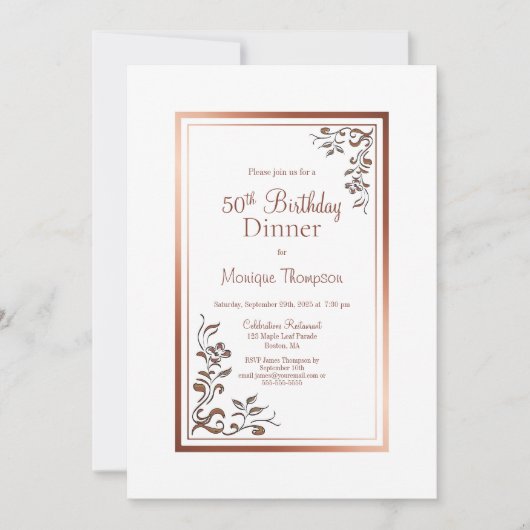Invitation Rose Gold Floral Frontière 50e Anniversaire Dîner  (Devant)