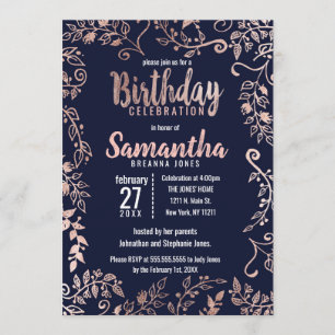 Invitation Rose Gold Floral Marine Bleu Brush Script Annivers