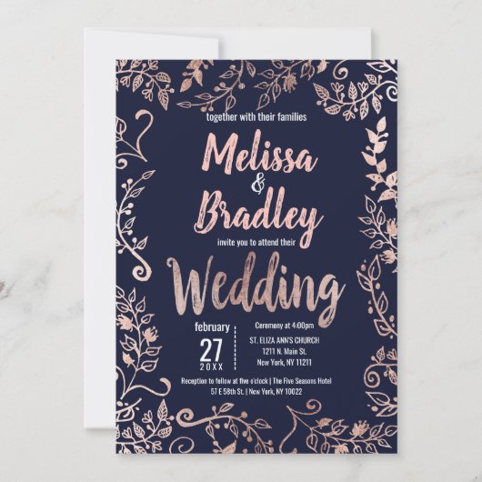 Invitation Rose Gold Floral Marine Bleu Brush Script Mariage (Devant)