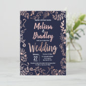Invitation Rose Gold Floral Marine Bleu Brush Script Mariage (Debout devant)
