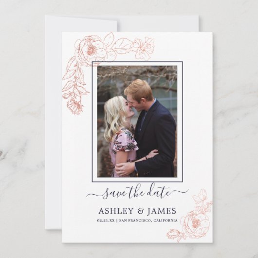 Invitation Rose Gold Floral Navy Photo Mariage Save The Date (Devant)