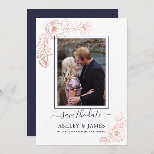 Invitation Rose Gold Floral Navy Photo Mariage Save The Date (Devant / Derrière)