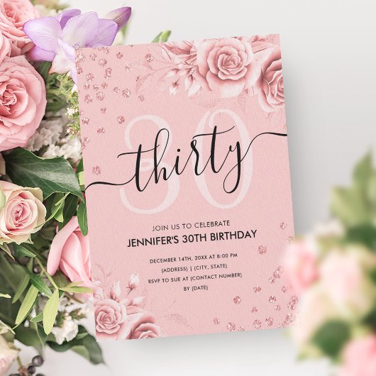 Invitation Rose Gold Floral Parties scintillant 30e Anniversa