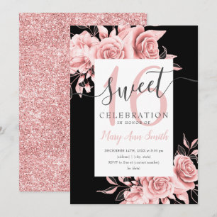 Invitation Rose Gold Floral & Parties scintillant Sweet 16 Sc