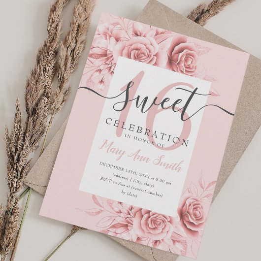 Invitation Rose Gold Floral & Parties scintillant Sweet 16 Sc
