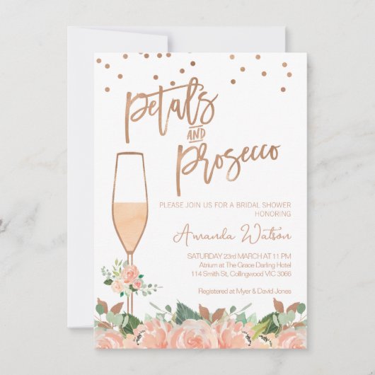 Invitation Rose Gold Floral Petals Prosecco Fête des mariées (Devant)