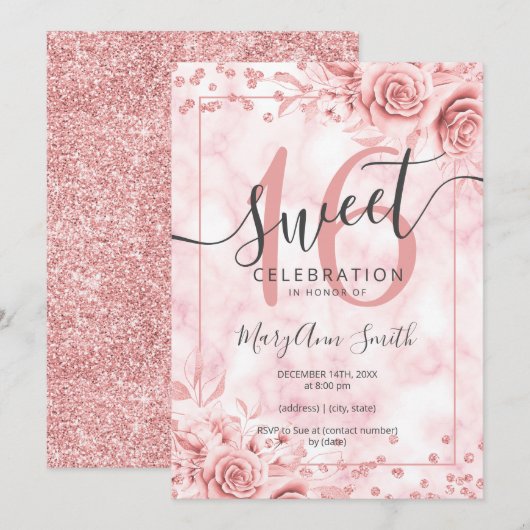 Invitation Rose Gold Floral Sweet 16 Anniversaire Marbre Part (Devant / Derrière)