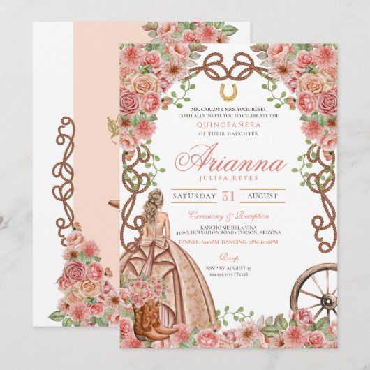 Invitation Rose Gold Floral Western Elégant Quinceañera (Devant / Derrière)