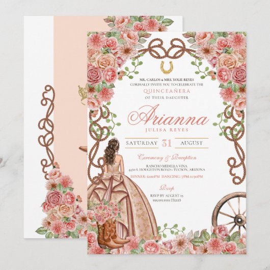 Invitation Rose Gold Floral Western Élégant Quinceanera (Devant / Derrière)