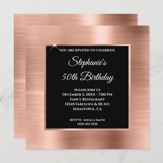 Invitation Rose Gold Foil Black Overlay 50e anniversaire (Devant / Derrière)