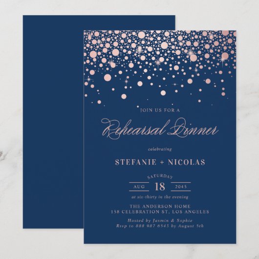Invitation Rose Gold Foil Confetti Marine Blue Rehearer Dîner (Devant / Derrière)