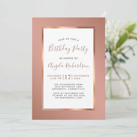 Invitation Rose Gold Foil Frame Élégante fête d'anniversaire (Debout devant)