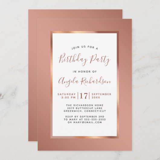 Invitation Rose Gold Foil Frame Élégante fête d'anniversaire (Devant / Derrière)