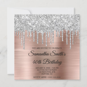 Invitation Rose Gold Foil Gouttes de Paillettes Argentées 40e