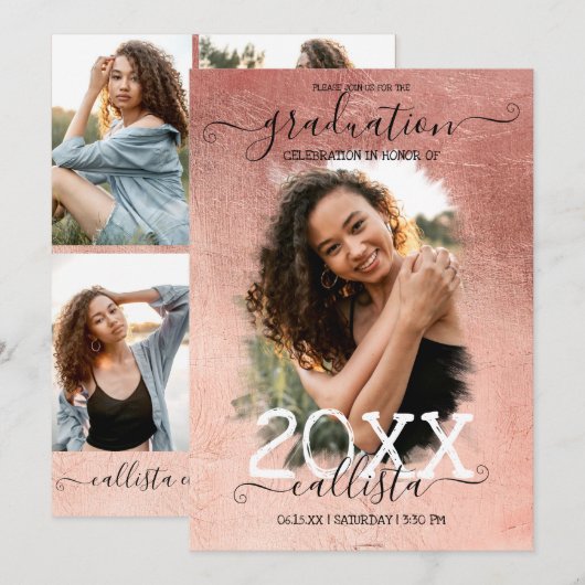 Invitation Rose Gold Foil Halo Photo Collage Graduation (Devant / Derrière)