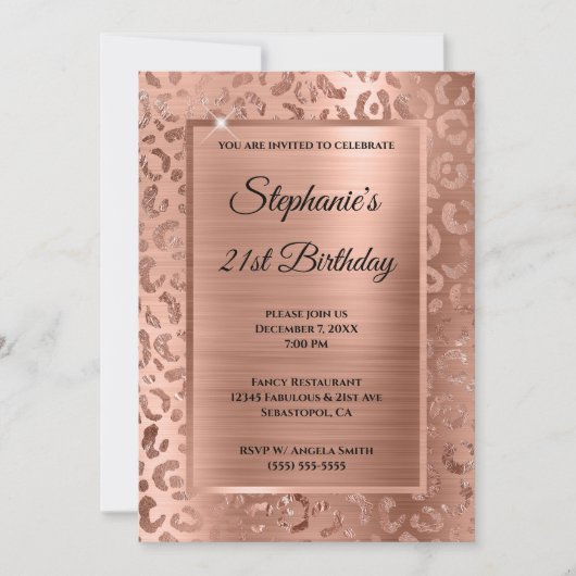 Invitation Rose Gold Foil Leopard Glam 21e anniversaire (Devant)