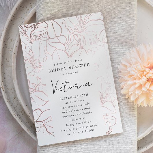 Invitation Rose Gold Foil Line Art Floral Fête des mariées