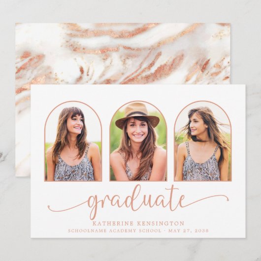 Invitation Rose Gold Foil Marble Arch 3 Photo Graduation (Devant / Derrière)