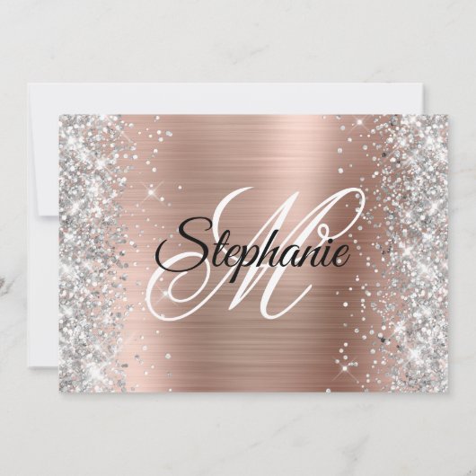 Invitation Rose Gold Foil Parties scintillant argent Monogram (Dos)