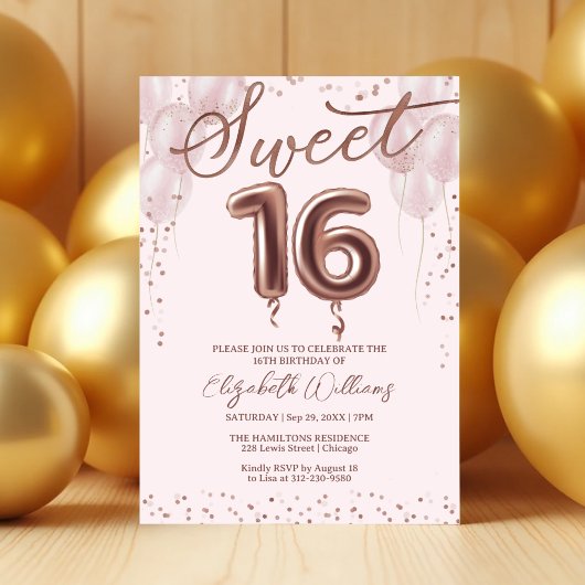 Invitation Rose Gold Foil Sweet 16 Ballons d'anniversaire ros