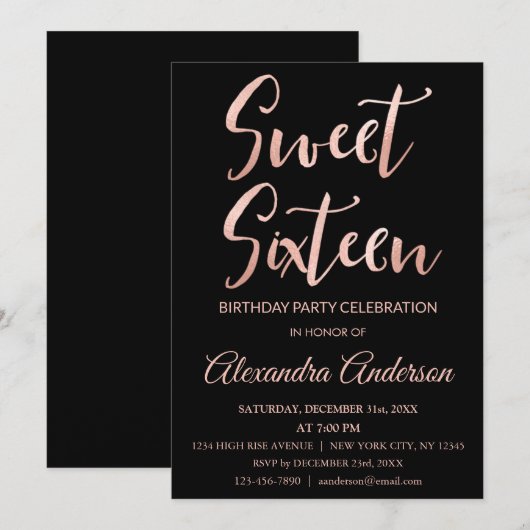 Invitation Rose Gold Foil Sweet 16 Seize Anniversaire (Devant / Derrière)