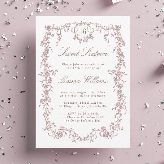Invitation Rose Gold Français Frame Sweet 16 Anniversaire