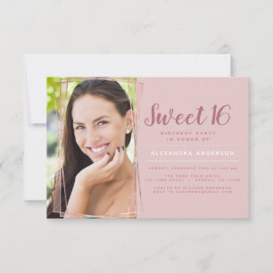 Invitation Rose Gold Géométrique Photo Sweet 16 Anniversaire