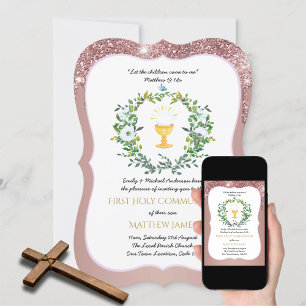 Invitation Rose Gold Girls Floral First Holy Communion