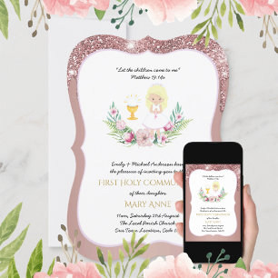 Invitation Rose Gold Girls Floral First Holy Communion Invita