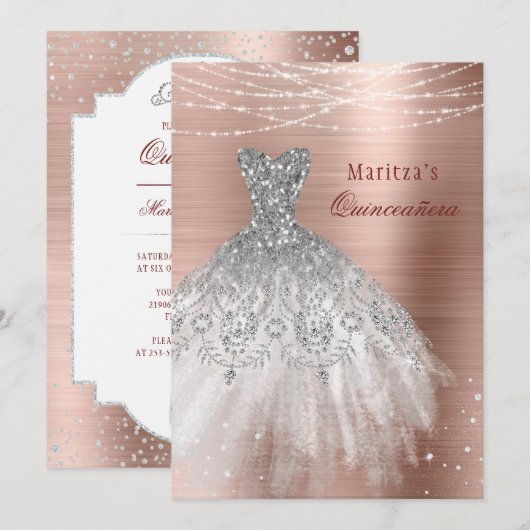 Invitation Rose Gold Glam Diamant Étincelant Quinceañera (Devant / Derrière)