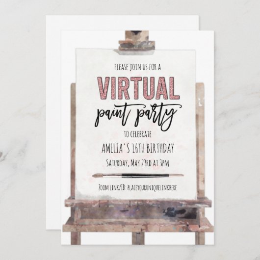 Invitation Rose Gold Glam Easel Virtual Paint Party Anniversa (Devant / Derrière)