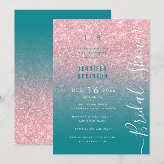Invitation Rose Gold Glam Glitter Script Fête de Mariage Teal (Devant / Derrière)