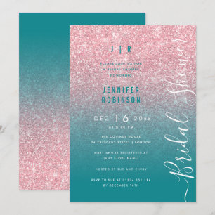 Invitation Rose Gold Glam Glitter Script Fête de Mariage Teal