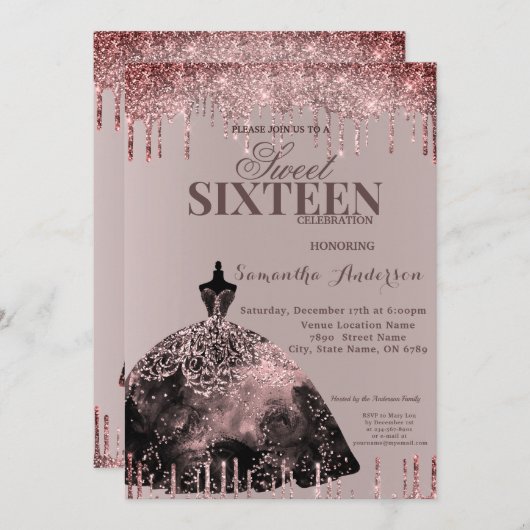 Invitation Rose Gold Glam Parties scintillant étincelle douce (Devant / Derrière)