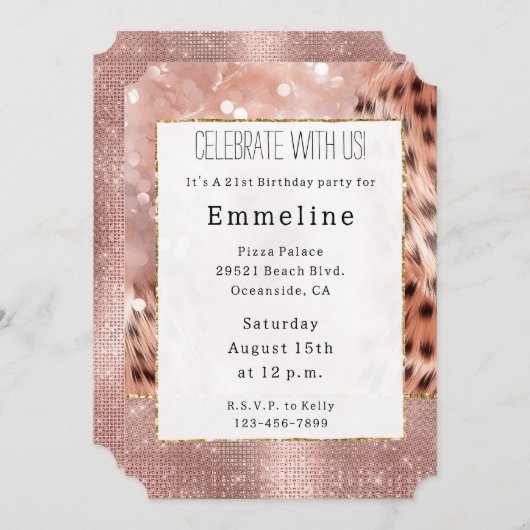 Invitation Rose Gold Glam Sparkle Cheetah (Devant / Derrière)