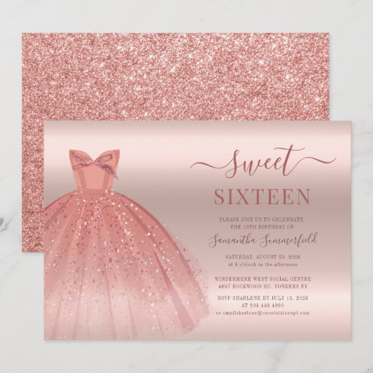 Invitation Rose Gold Glam Sweet 16 Anniversaire Script (Devant / Derrière)